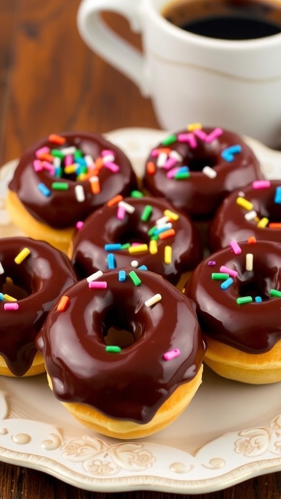 A plate of mini chocolate glazed donuts with sprinkles, served with a cup of coffee.